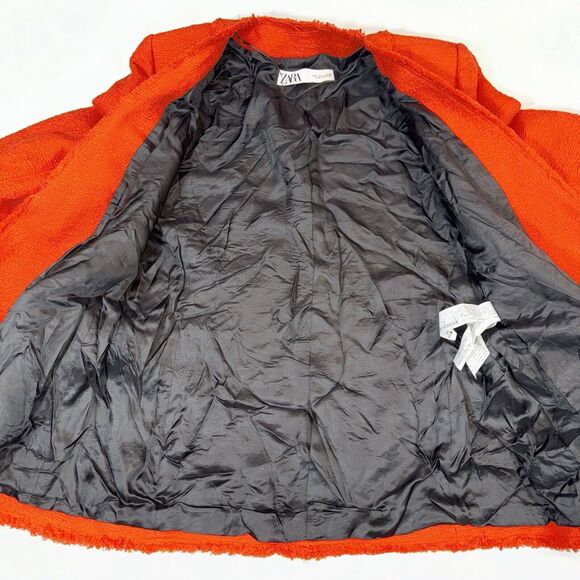 Zara Orange Red Tweed Double Breast Blazer Diamond Button Trinny Blogger Women L - Picture 9 of 14